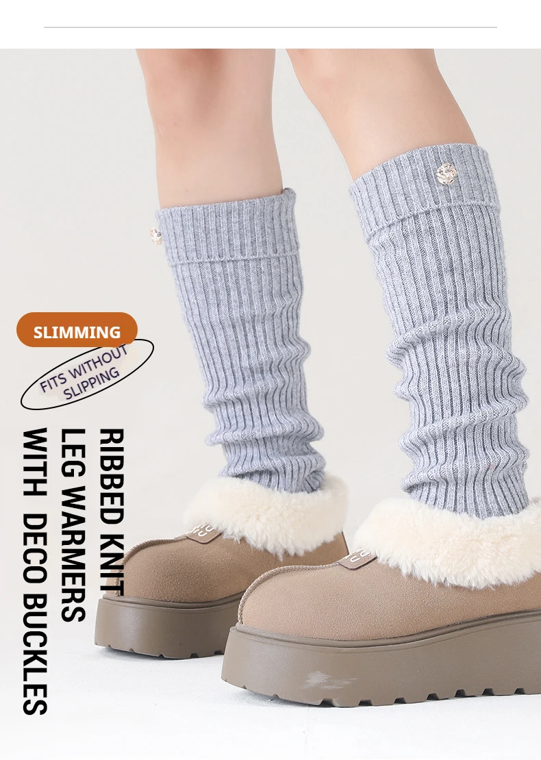 Gerippte Beinwärmer für Damen mit Deko-Knopf JK Echtwollmischung Knöchelbesatz Stiefelsocken Herbst Winter Fußabdeckung Druckfrei Y2k – Detail 1
