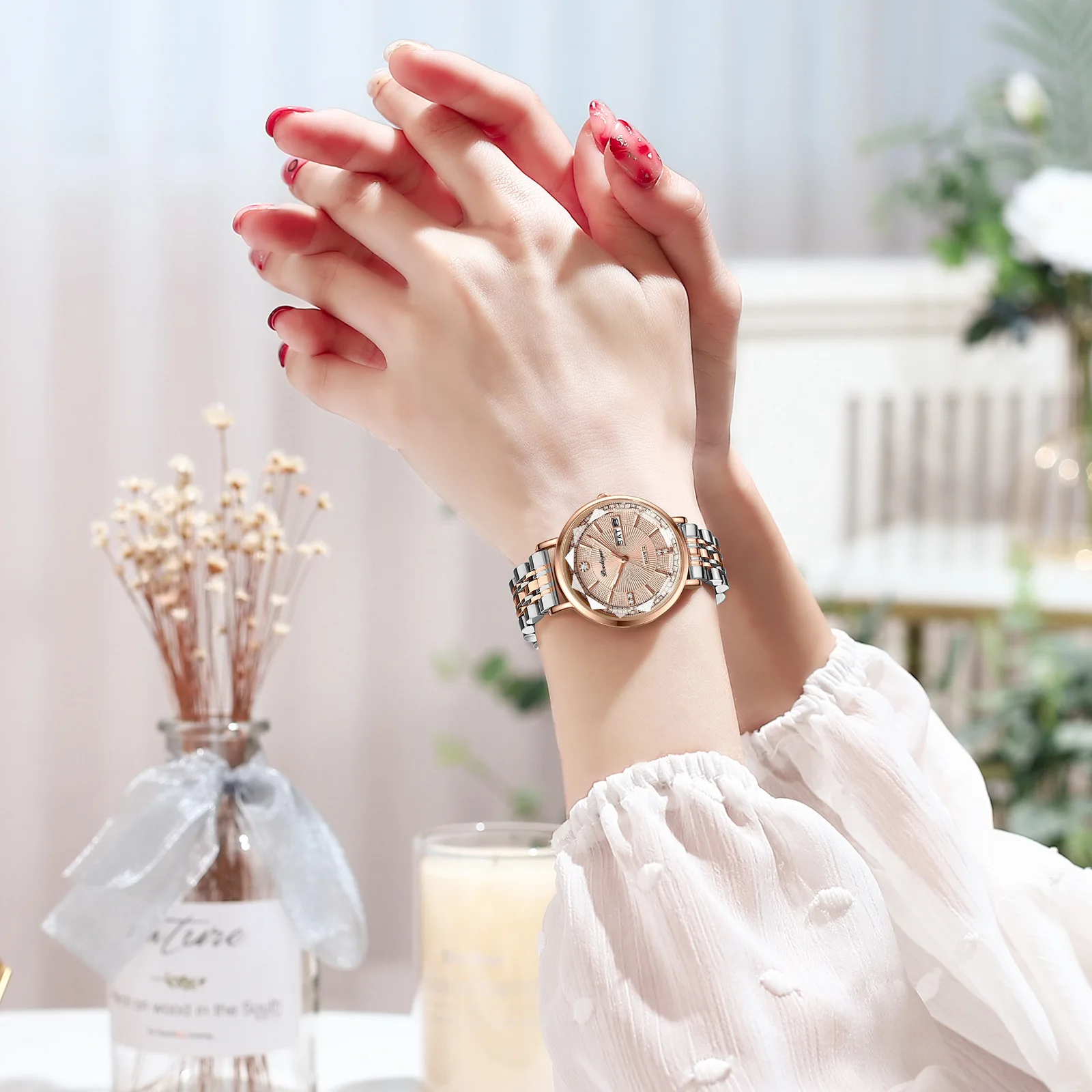 POEDAGAR Fashion Waterproof Luminous Double Calendar Quartz Women's Watch Mesh with Steel Band Versatile Watch Prismatic Glass