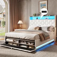 Large Bed Frame, 51.9-inch High Wing Back Cushioned Storage Headboard, with USB Charging, LED Platform Bed 1
