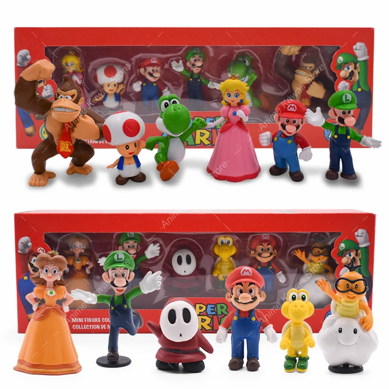 

6Pcs/Set Game Super Mario Action Figure Toy All Star Collection Luigi Yoshi Peach Daisy Donkey Kong Mushroom Model Set Kids Gift