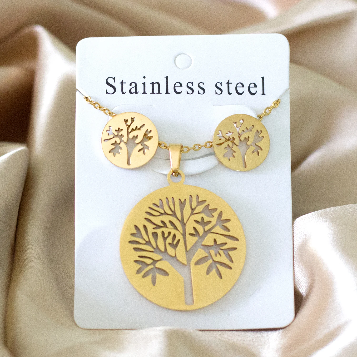 LUXUKISSKIDS Big Tree Of Life Charms Dubai Golden Jewelry Sets For Woman/Men Hippie Round Pendant Set of Necklace Earrings Punk