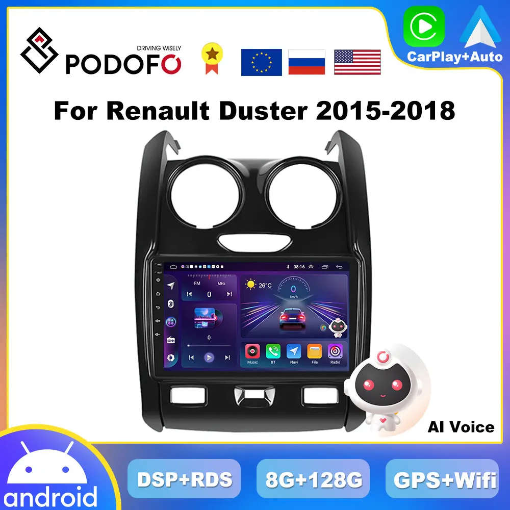 Автомагнитола Podofo CarPlay на Android для Renault Duster 2015-2020, для LADA Largus 2021, мультимедийный видеоплеер, 2din, GPS-навигация