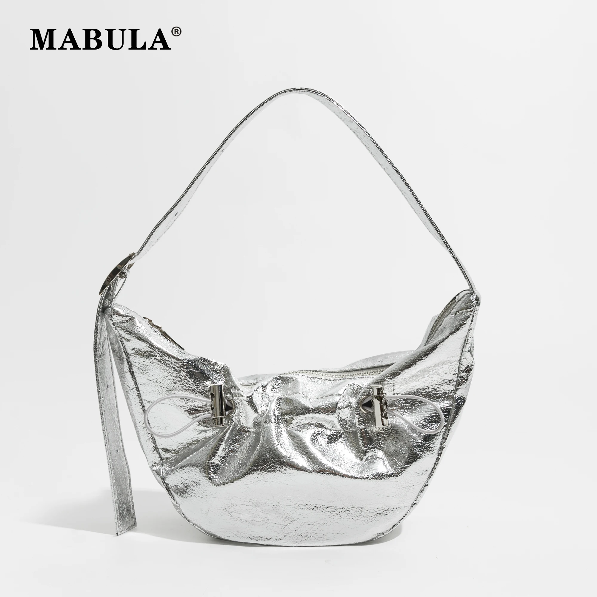 

MABULA Silver Soft PU Leather Women Hobo Tote Bags Fashion Half Moon Handbags Simple Design Female Phone Purses Shoulder Bag