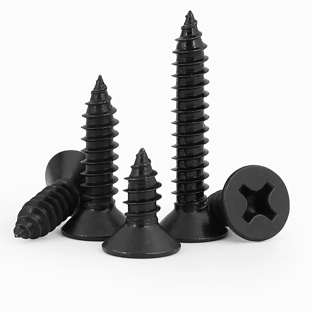 100pcs M3 M3.5 M4 M5 Black Carbon Steel Cross Phillips Flat Countersunk Head Self-tapping Mini Screw Electrical/ Wood Use