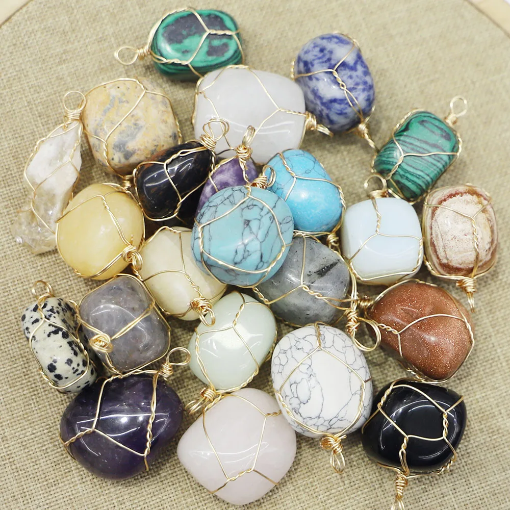 Natural Stone Gold Line Wire Winding Necklace Pendants Irregular Multicolor Quartz Crystal Agate Charms Jewelry Accessories 8Pcs