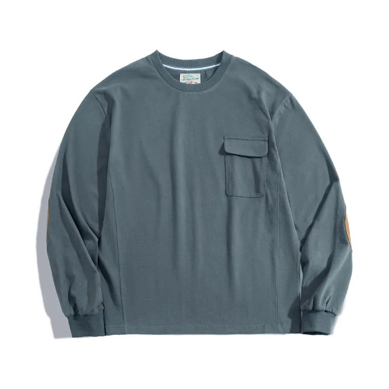 Japanese Vintage Long Sleeve T-shirt for Men Patchwork Pocket Loose O-neck Tops Solid Color Cotton Casual Sweatshirt