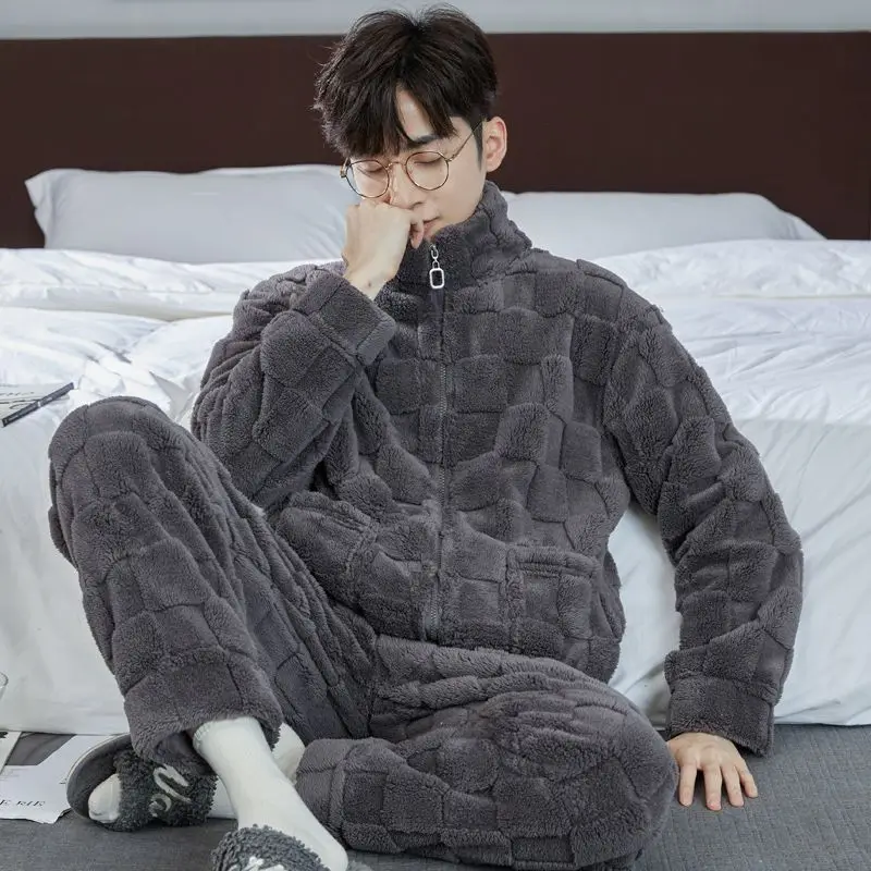 2024 New Men's Pajamas Outside Wear Coral Velvet Homewear Autumn Winter Zippers Sleepwear Handsome Flannel Home Clothing Set