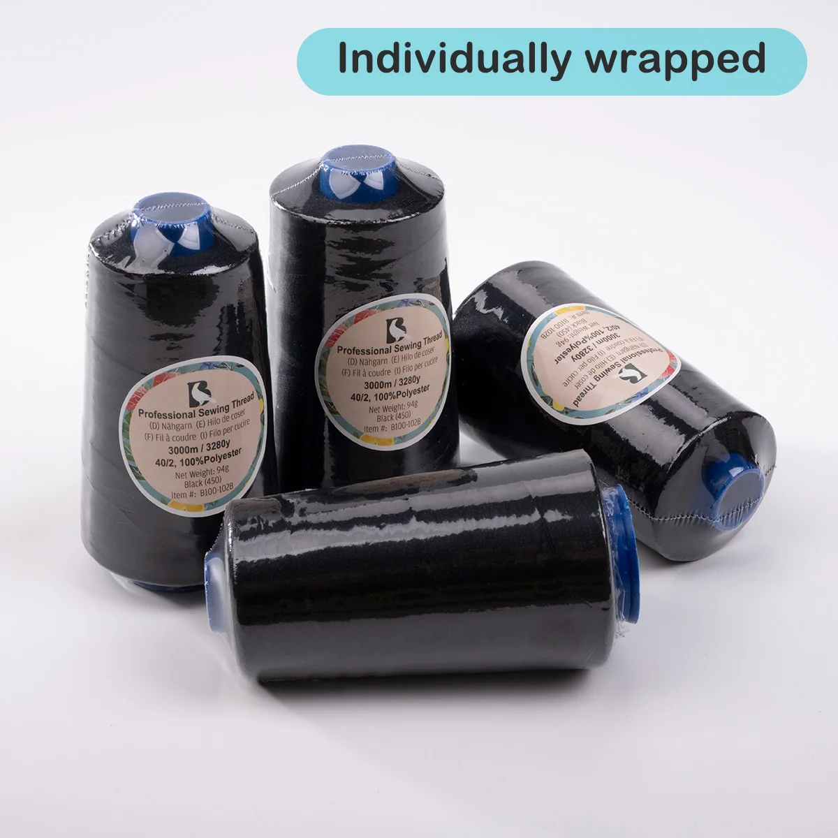 Premium Black Polyester Sewing Thread - 4 Spools, 12,000 Meters Total