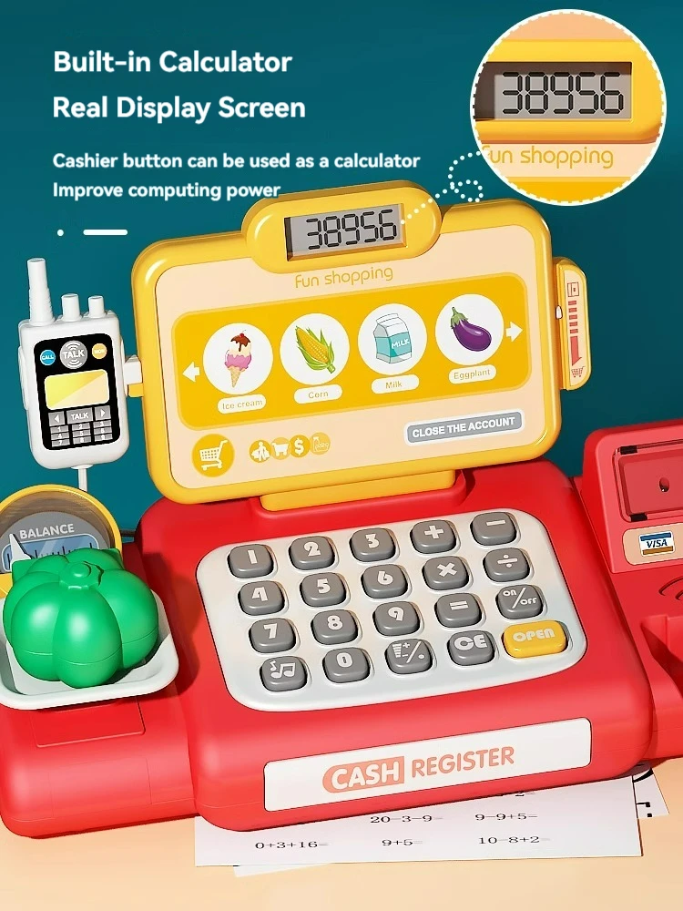 63PCS Cash Register Toy Playset for Gift for Girls Boy Pretend Play Money Kids Calculator Cash Register with Scanner Play Food 5