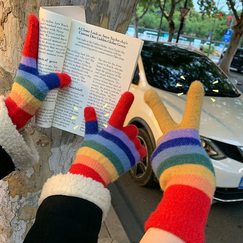 

Colorful striped gloves New winter cycling and skiing warm windproof full package sub-finger students can touch screen gloves