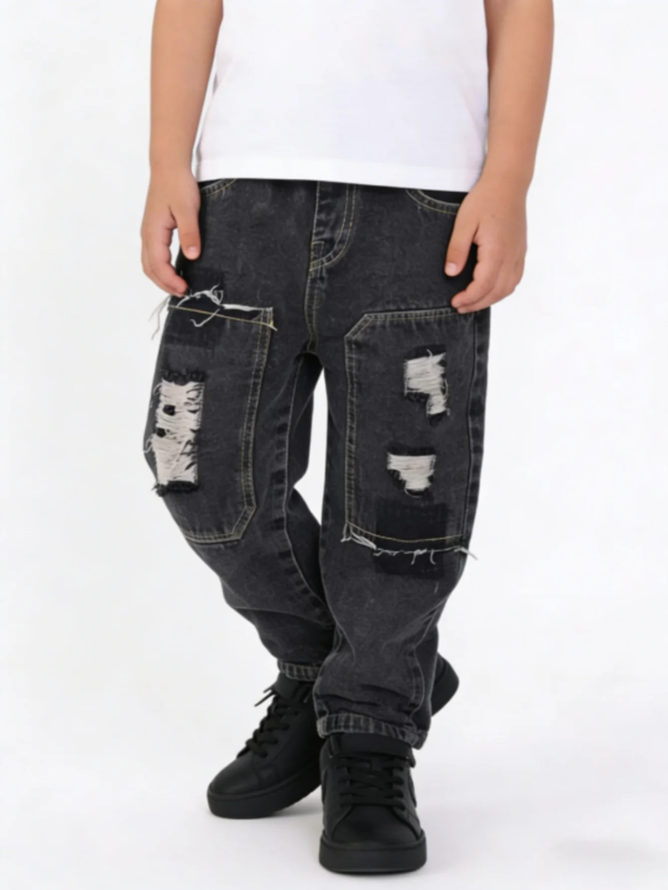 소년용 블랙 디스트레스드 패치 데님 청바지 키즈 빈티지 루즈핏 팬츠 아동용 엘라스틱 허리 스트리트웨어 바지 2026 신상품