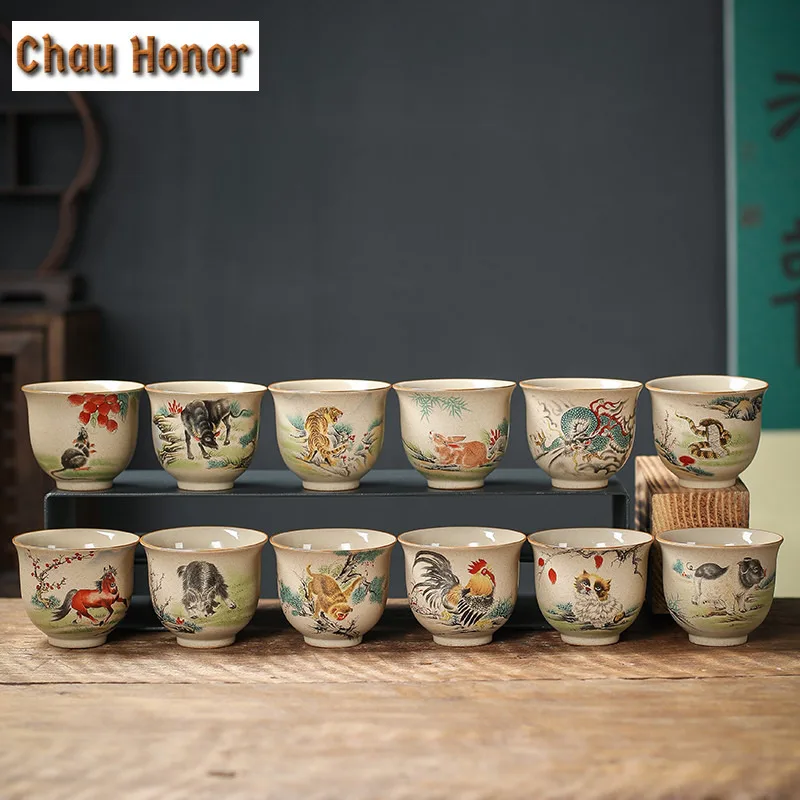 130ml Retro Coarse Pottery Tea Cup Zodiac Tiger Tea Cup Master Cup Tea Set Household Coffee Mugs Boutique Tea Bowl Drinkware Mug