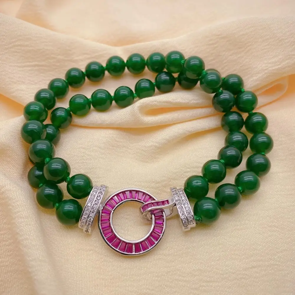 Rows Green Jade Beaded Bracelet Cz Pave Clasp Adjustable Women