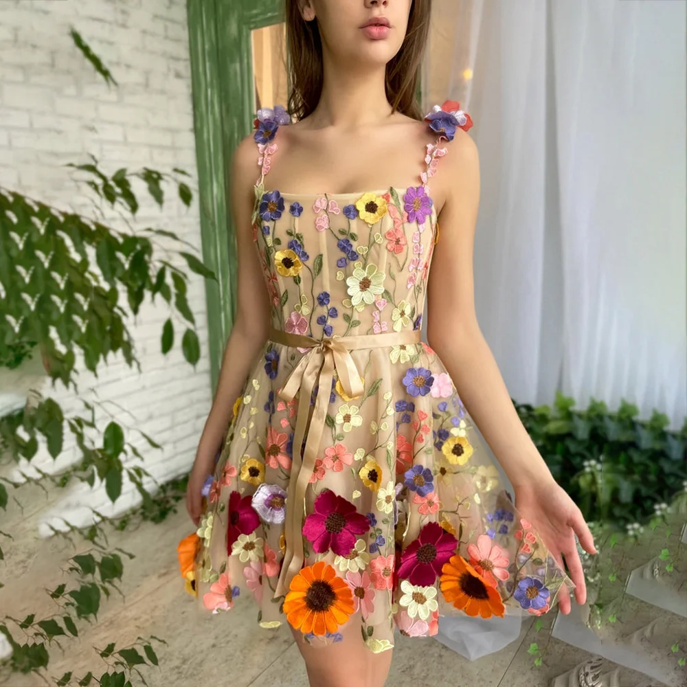 

Laxsesu Super Mini Floral Prom Dress 3D Flowes Straps Colorful Appliques Evening Gown 2022 Plus Size Celebrity Party Dress