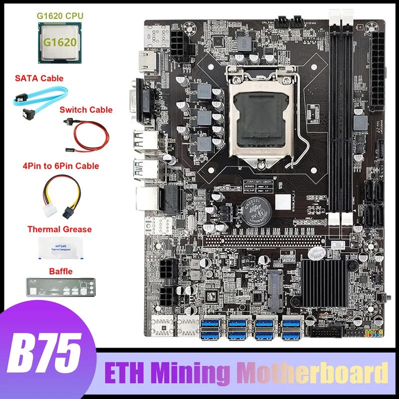 

Материнская плата B75 8USB ETH для майнинга + ЦП G1620 + кабель 4-6 контактов + кабель SATA + кабель переключателя + перегородка + термопаста Для майнинга BTC