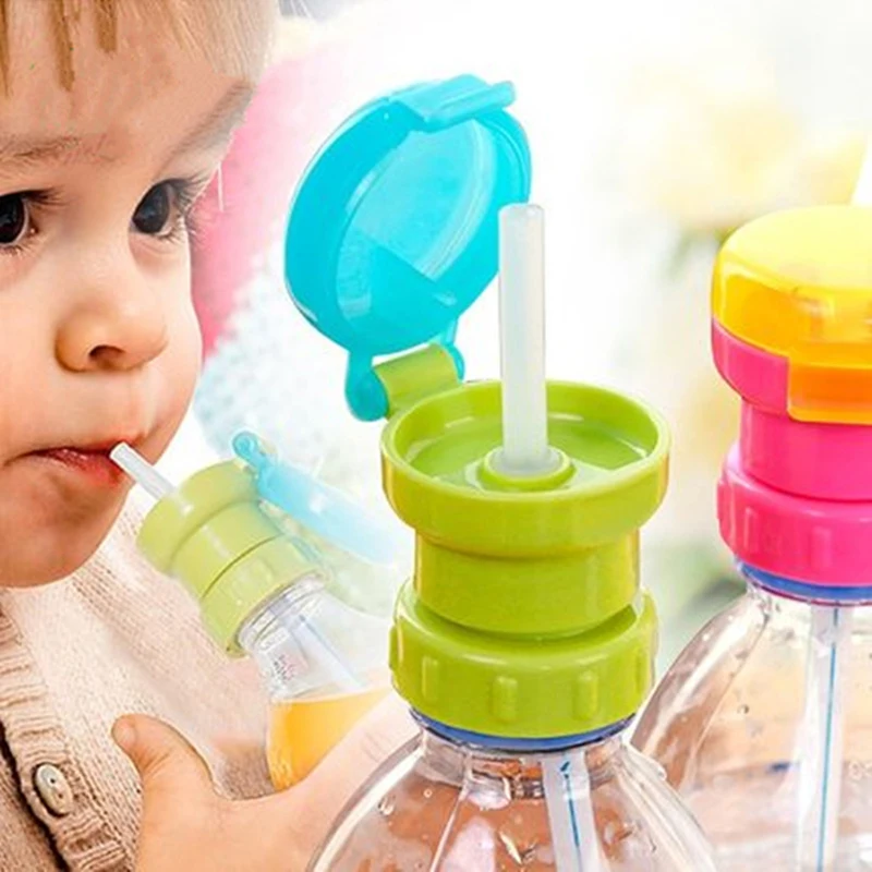 

4 Colors Kids Water Bottle Cap with Straw Spill Proof Juice Soda Water Bottle Twist Cover Cap Safe Drink Straw Cap Feeding Tools