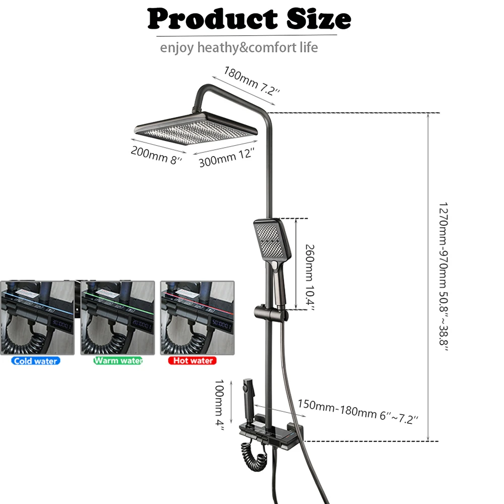 KEMAIDI Shower System Digital Display Shower Faucet Set Wall Mount 4 Functions Rain Shower Hot Cold Mixers with Bidet Sprayers 6