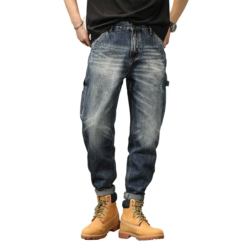 Pantalon Cargo en Denim pour homme, Style Safari, multi-poches, délavé, rétro, papa, haute qualité, décontracté, en coton, automne et hiver_voghion.com