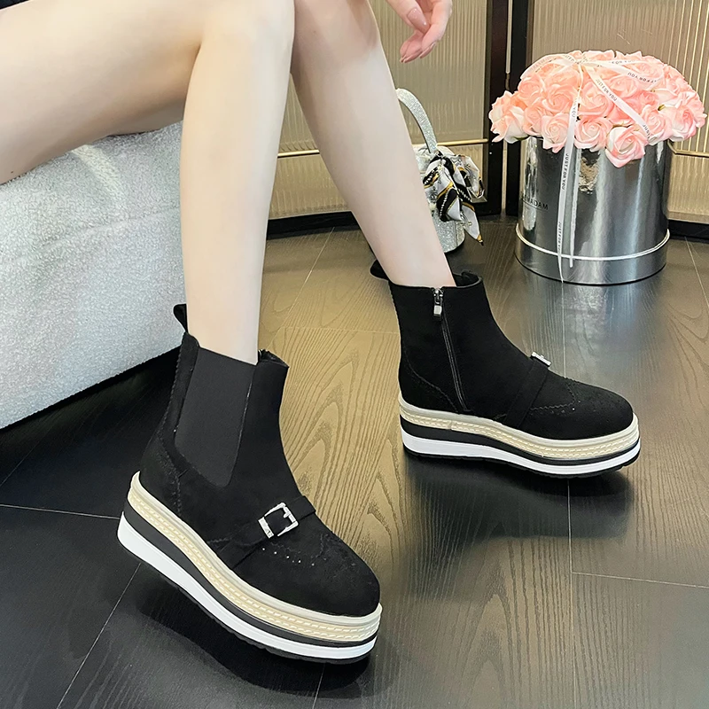 

7cm Wedges Creepers Black Chunky Platform Boots Womens High Heels Brock Metal Buckle Ankle Boots Ladies Platforms Shoes Botas