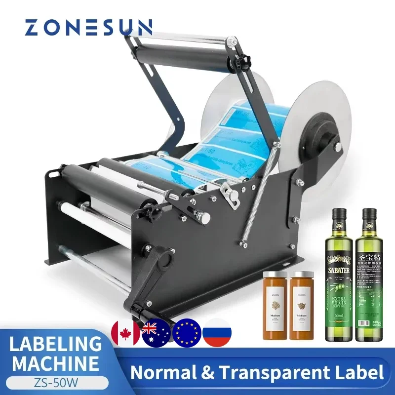 ZONESUN ZS-50W 스티커 라벨 붙이는 기계 부착기 인쇄기 라벨링기 슬리브 수동 미네랄 워터 플라스틱 원형 병 라벨..