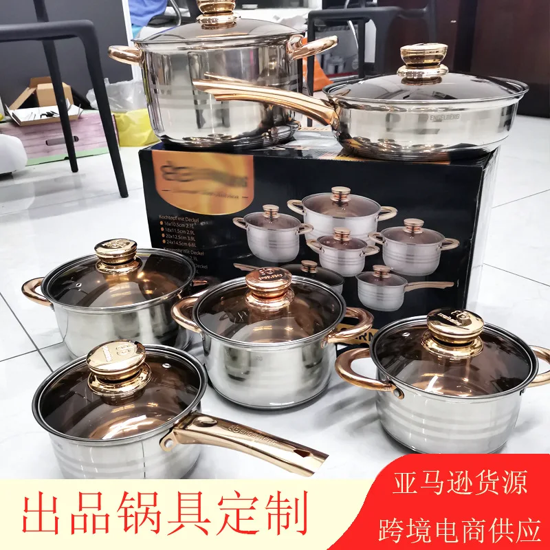 

Cross-border foreign trade export pot customized 12 pieces set pot pan 201 stainless steel twelve piece set pot golden handle