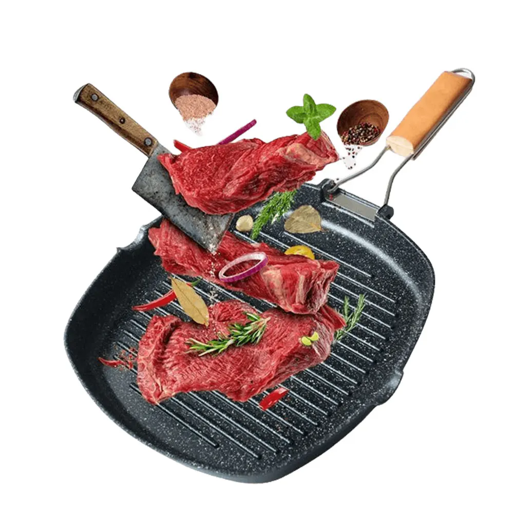 Frying Pan Foldable Portable Frying Pan Picnic Grill Pan Anti-scald Wooden Handle Outdoor Grill Double Mouth Steak Pan(No Lid)
