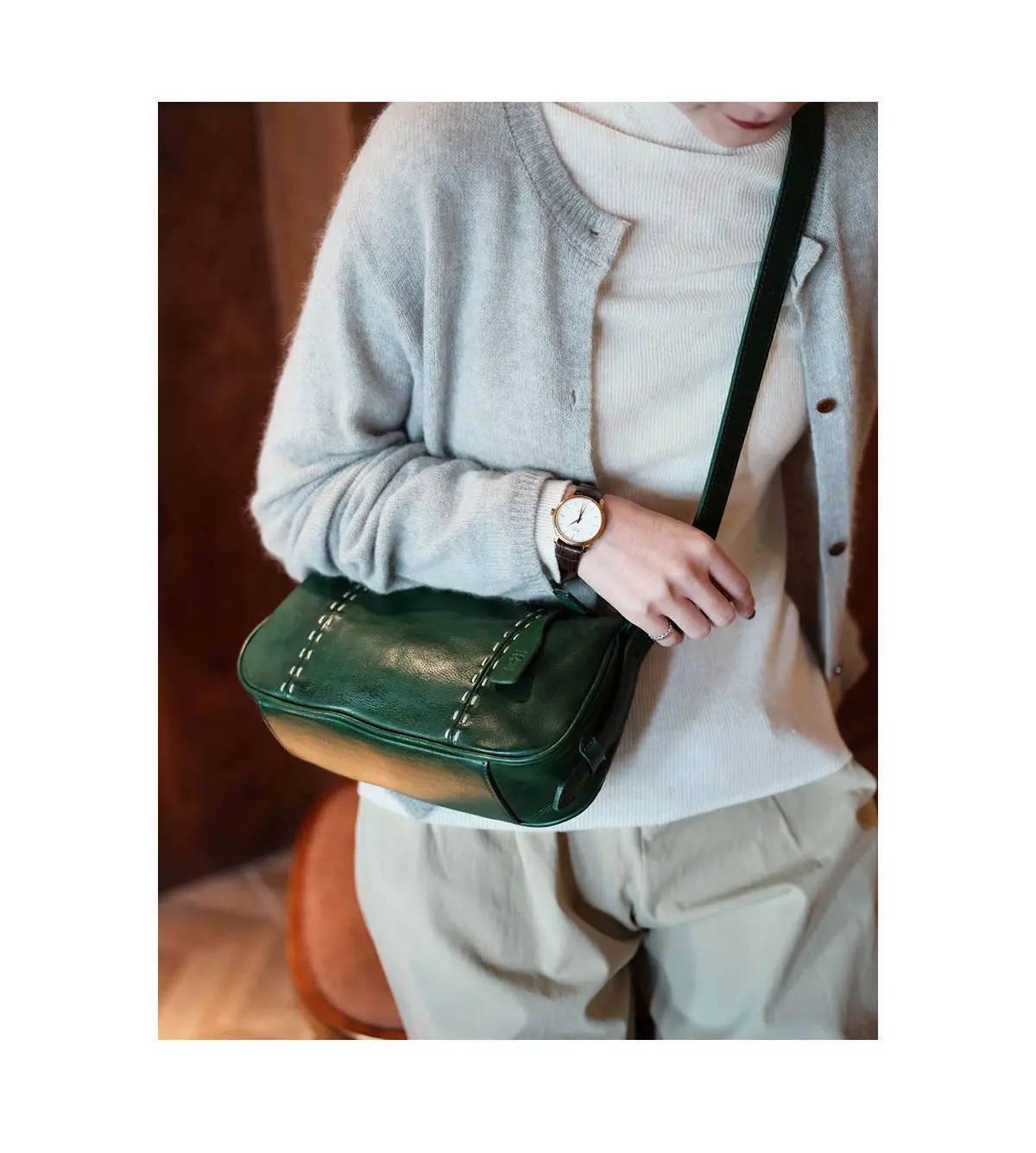 Organizer Vintage Luxus Echtleder Crossbody-Tasche für Damen, Modische Designer Handgefertigte Schultertasche aus Rindsleder – Detail 7
