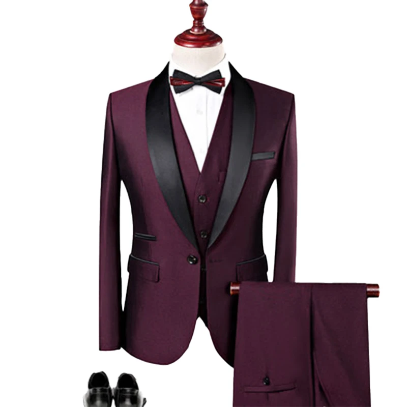 

Custom Made Burgundy Wedding Suits Slim Fit Groom Tuxedos Formal Wears Shawl Lapel Groomsman Suits (Jacket+Pants+vest)