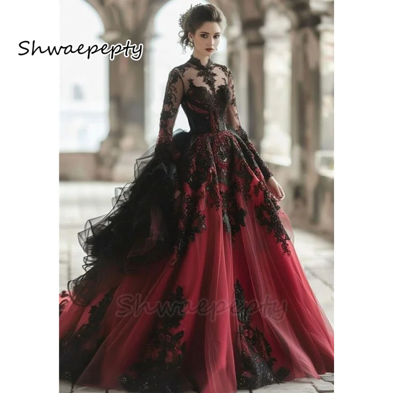 Gothic Black With Burgundy Wedding Dreses Ruffles Flare Long Sleeves Jewel Neck Princess Bridal Gowns Court Train Customized 1