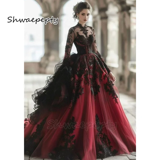 Gothic Black With Burgundy Wedding Dreses Ruffles Flare Long Sleeves Jewel Neck Princess Bridal Gowns Court Train Customized 1