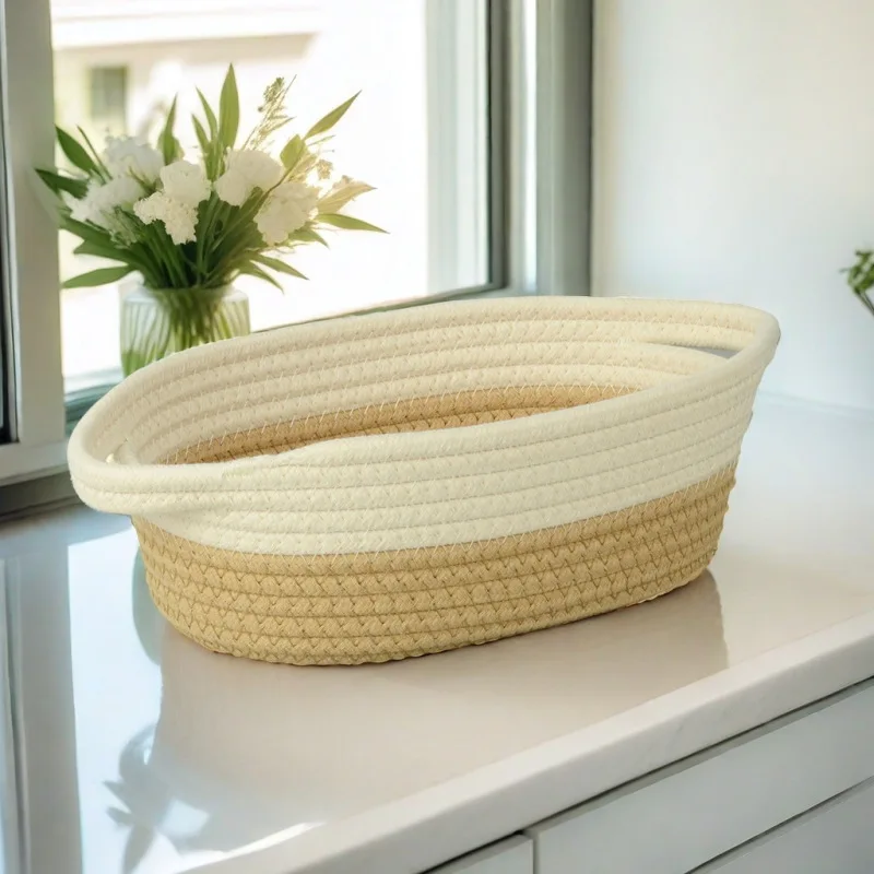 Oval Cotton Rope Storage Basket with Handle, Storage Basket Multi-purpose Storage, Bedroom Storage, Toys, Clothes