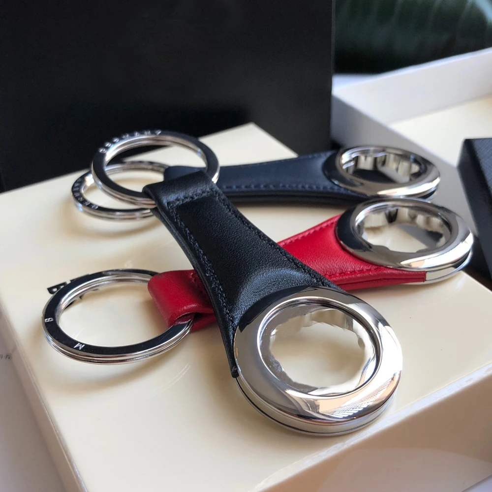 PJS Luxury MB Car Key Chain Blue Red Black Leather 316 Stainless Steel Round Double Ring Classic Keychain With Box Set