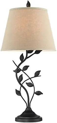 

31" Traditional Rustic + Beige Fabric Shade, Leaf Detailed Body, 7W LED Bulb (Energy Efficient, Eco-Friendly), Matte Black Lam