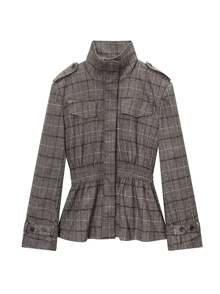 Woman Vintage Jackets Pants 2 Piece Set Pocket Button Standing Collar Coat High Waist Trousers Fashion Style Plaid Set Clothes