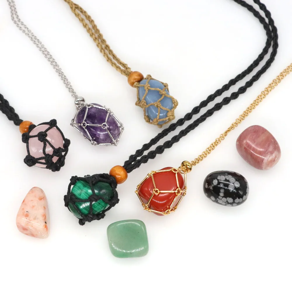 Adjustable Empty Stone Holder Wax Rope Copper Cage Necklace Natural Crystals Stones Tumbled Bulk Mineral Specimen Aquarium Decor