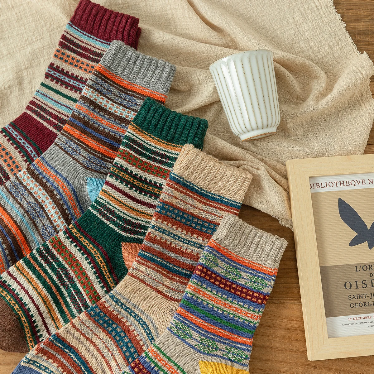 5 Pairs Women's Thermal Wool Socks - Autumn Winter Collection, Retro Nordic Style