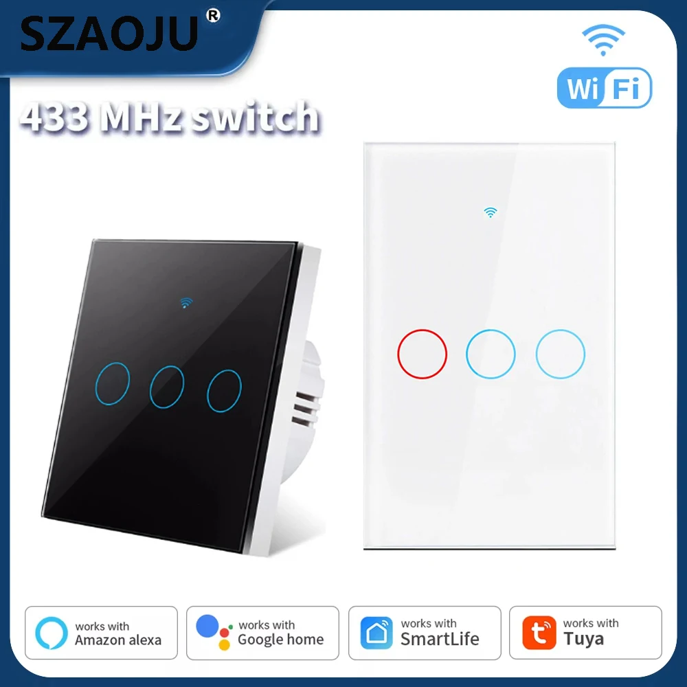 Smart Wall Switch Tuya US/EU WiFi RF433 1/2/3 Gang No Neutral Wire Touch Sensor LED for Smart Home Alexa Google Home