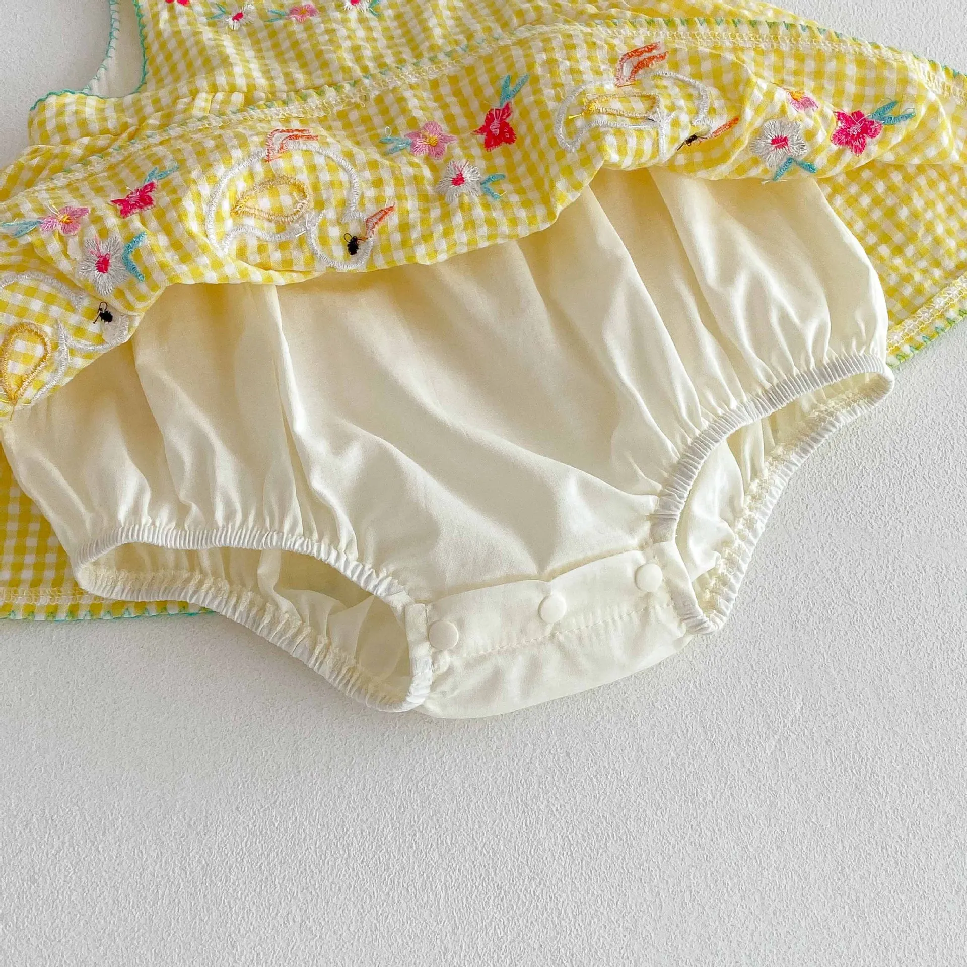 Cotton Baby Girl Summer Onesie with Yellow Plaid and Duck Patterns