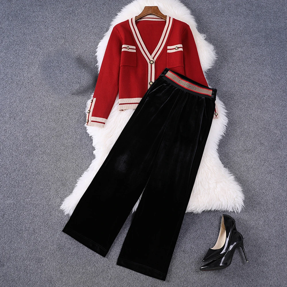 

Women Autumn Winter 2-piece Suit Office Lady Long-Sleeved Knitted Cardigan Wide-Legged Pants Set V-Neck Stripes Sweater Coat