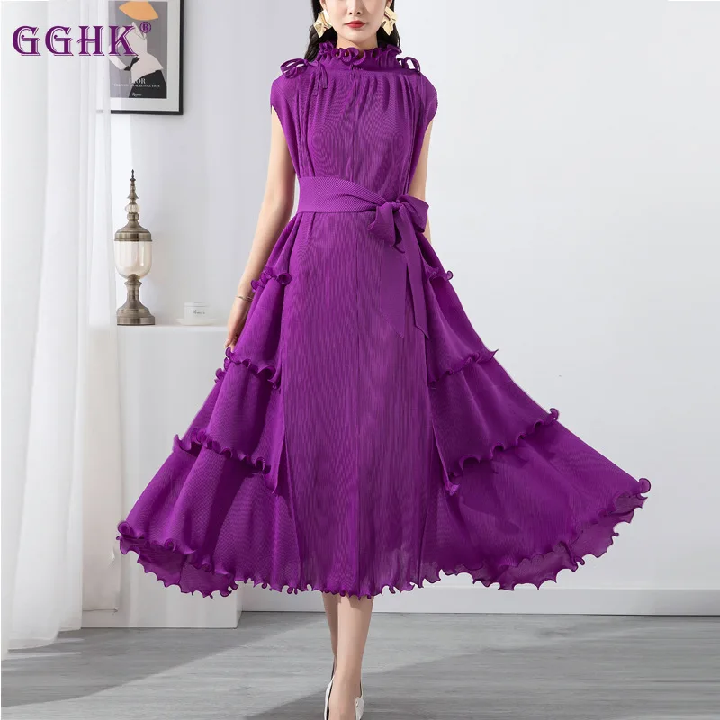 

GGHK Miyake Pleated Ruffle Lace Dress 2023 Summer New Solid Colour Luxury Short Sleeve with Vintage Design