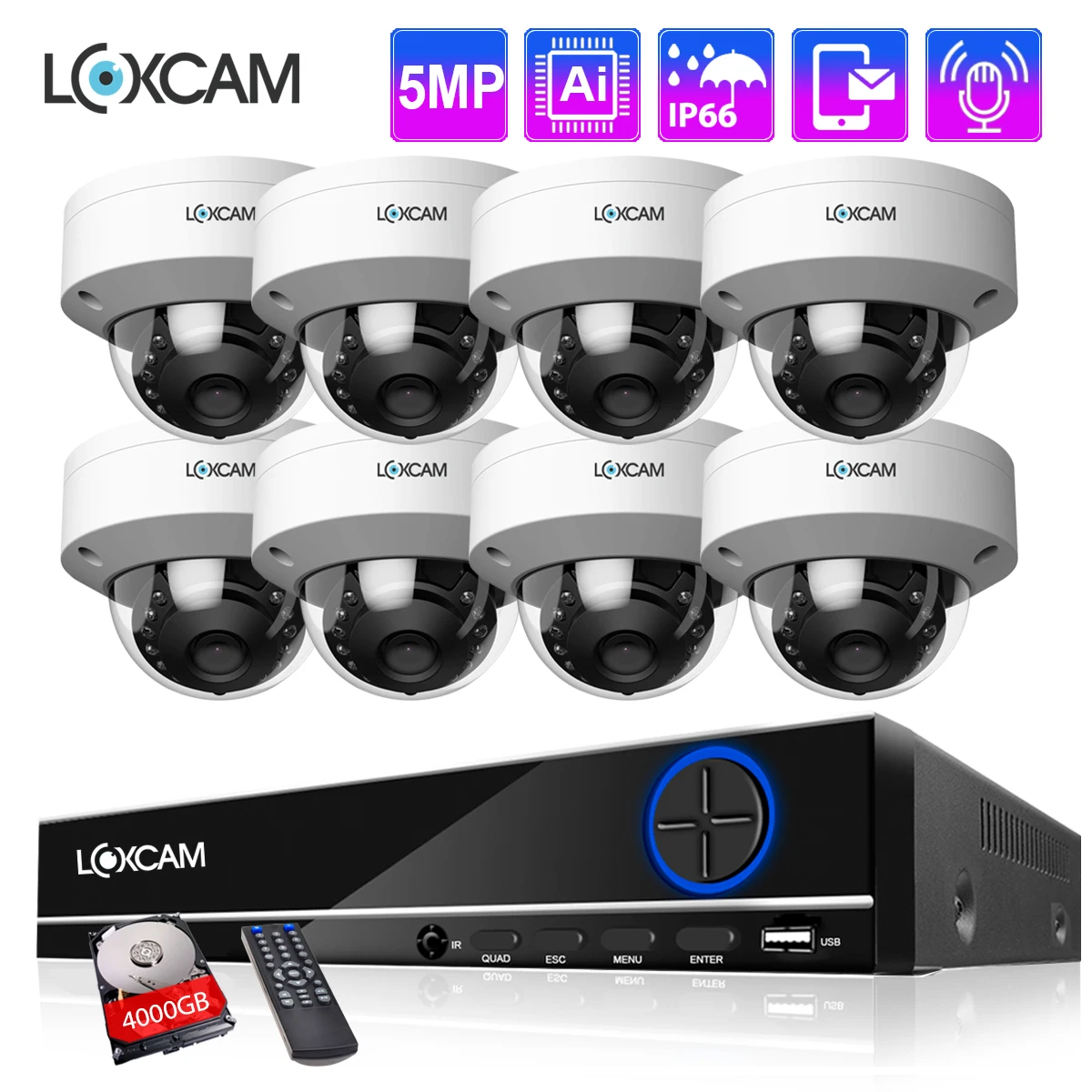 

LOXCAM H.265+ 8CH 4K NVR 5MP 4MP CCTV Security Camera System Audio Record Day Night Vandalproof POE IP Camera Kit