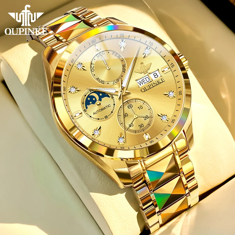OUPINKE 3298 Moon Phase Man Watch Chronograph Waterproof Complete Calendar High_end Luxury Business Automatic Mechanical Watches