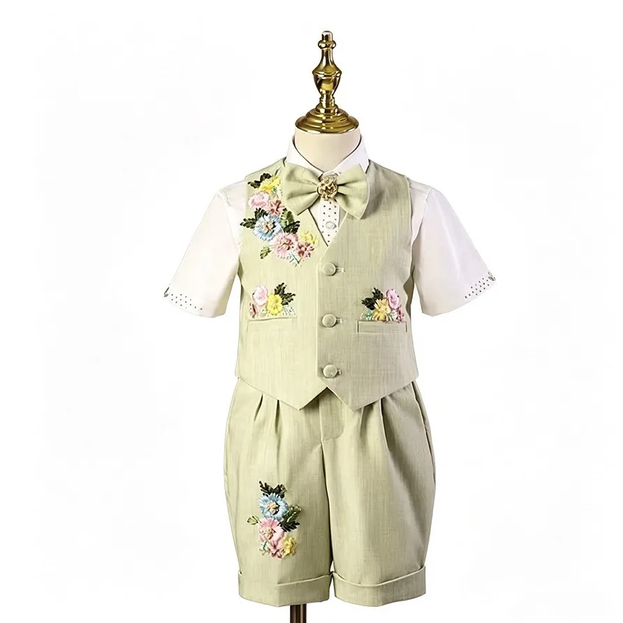 5-teiliges Set: Hellgrüne Weste mit Blumenstickerei für Jungen, Kinder-Hochzeitsanzug, Blumenjungen-Outfit, Geburtstags- und Laufsteg-Kostüm, formelles Party-Outfit A4468