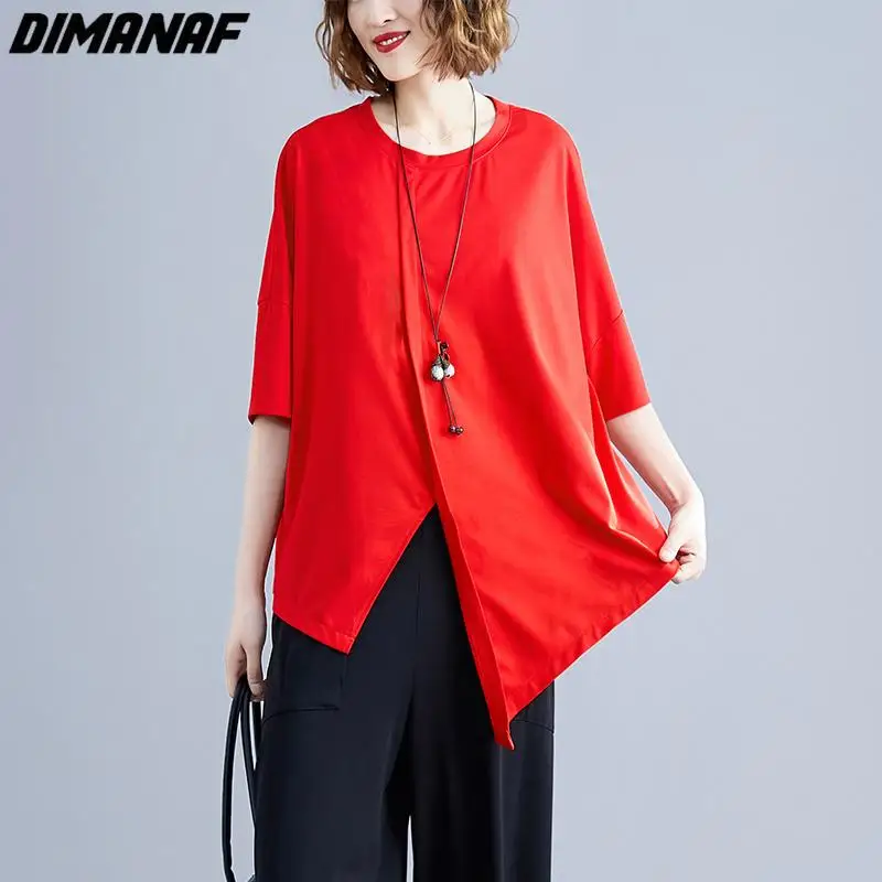 

Dimanaf 2024 Plus Size Summer Women T-Shirts Solid Lady Tops Tunic Tees Shirt Oversize Elastic Loose Casual Red Clothing