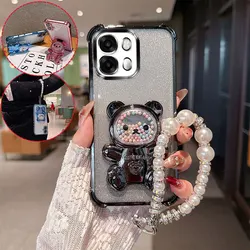Cute Bear Cartoon Glitter Phone Case with Pearl Lanyard Strap - Shockproof and Stylish for Oppo A6K 5G (Black)