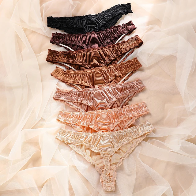 Frill Trim Satin Ice Silk Seamless No Show Women's Tanga Underwear - Image 4