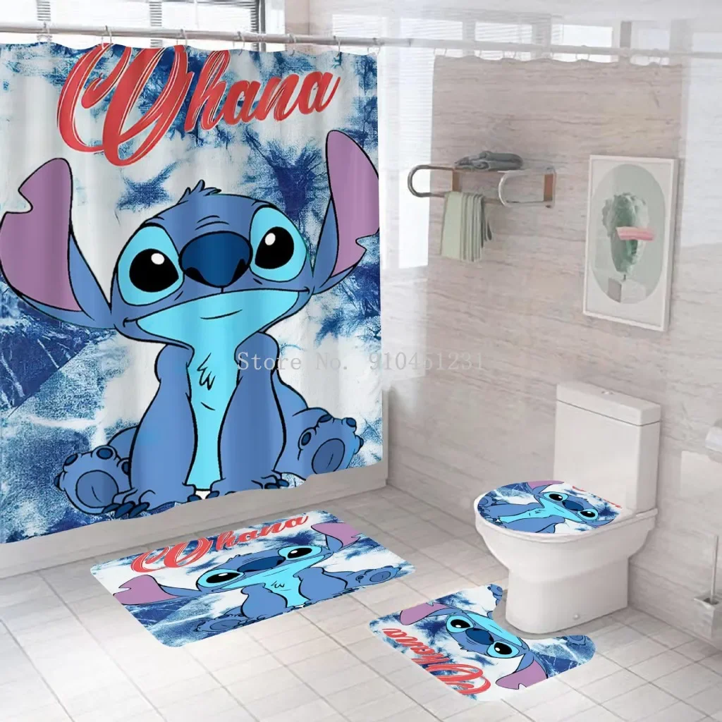 Disney 3D Lilo Stitch Bathroom Shower Curtain Waterproof Curtains Bathroom Hook Set Soft Bath Mat Toilet Carpet Rugs