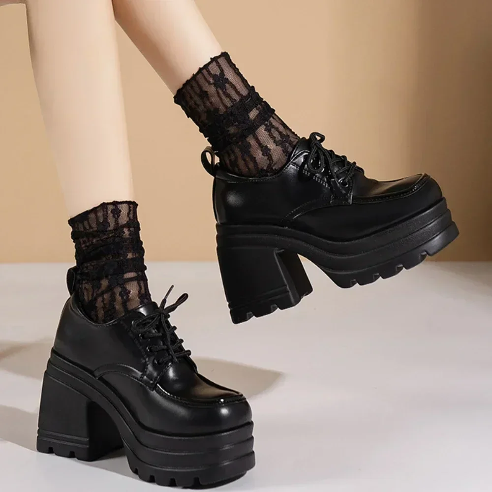 Lolita Shoes for Women 2024 New Autumn Lace Up Loafers Girls Students JK Uniform High Heels Platform Shoes Cosplay Female Shoes