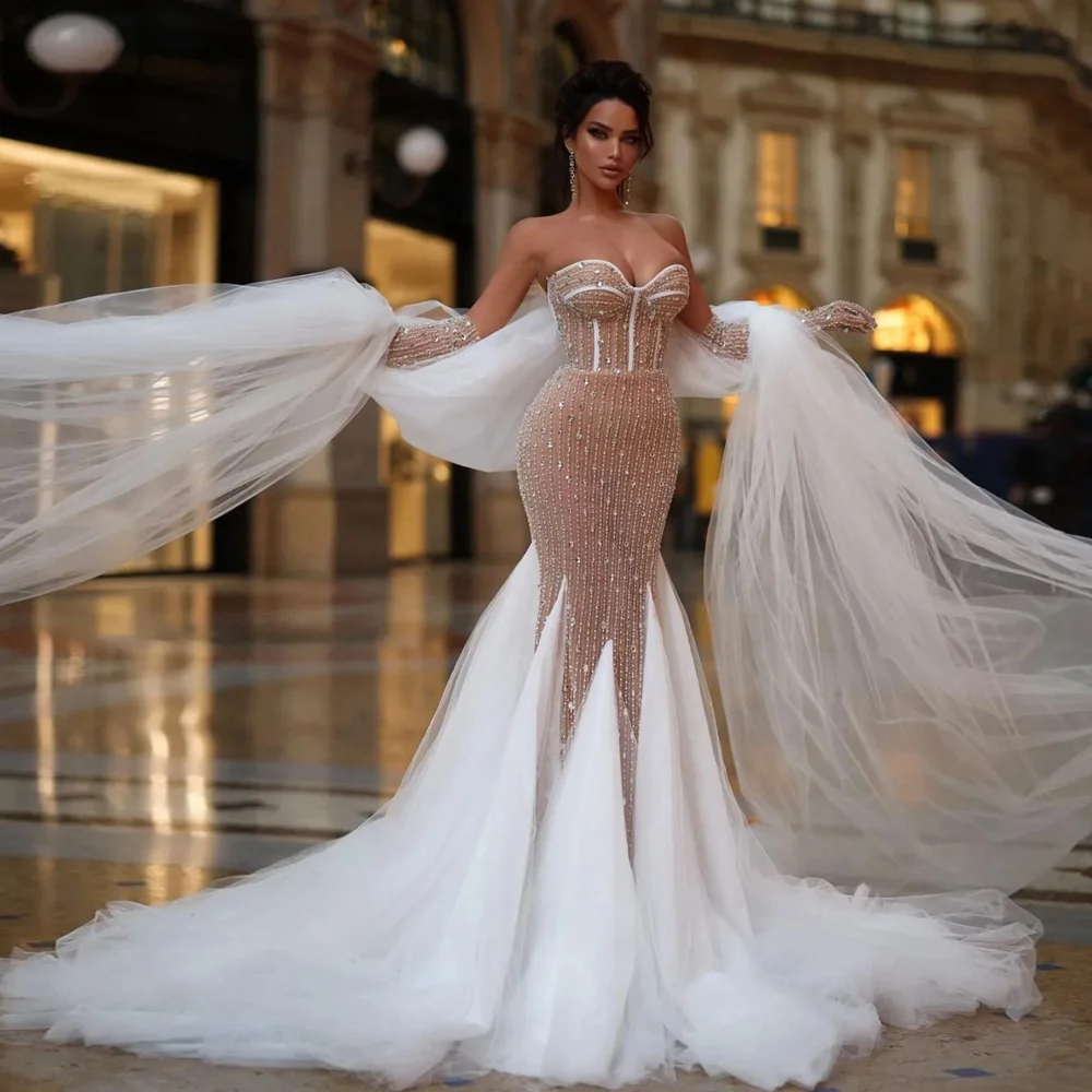 

Luxury Mermaid Wedding Dress 2023 Bridal Gown Nude Pure White Long Bride Formal Party Wear Beading Tulle Cape Dubai Woman Gala