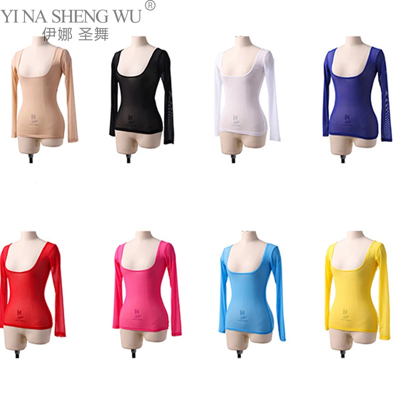 

Belly Dancewear Women's Top Long Sleeves Stretch Yarn Clothes for Belly Dance Bottoming Shirt Bodysuit Sheer Mesh Top 10 Colors